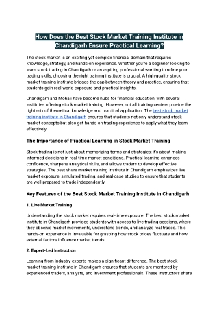 How Does the Best Stock Market Training Institute in Chandigarh Ensure Practical Learning