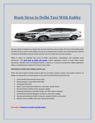 Book Sirsa to Delhi Taxi With Kabby