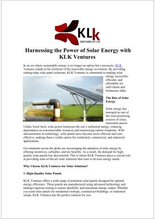 Switch to KLK Solar Panel for Maximum Energy Efficiency