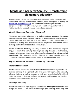 Montessori Academy San Jose - Transforming Elementary Education