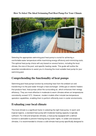 How To Select The Ideal Swimming Pool Heat Pump For Your Climate