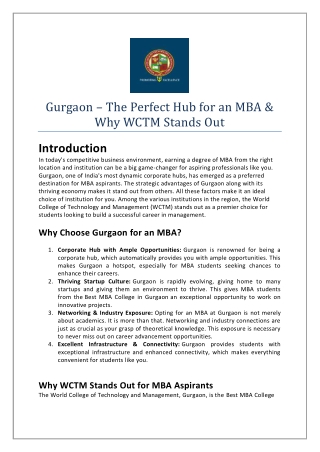 Gurgaon – The Perfect Hub for an MBA & Why WCTM Stands Out