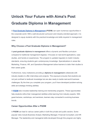 Unlock Your Future with Aima's Post Graduate Diploma in Management