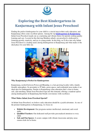 Exploring the Best Kindergartens in Kanjurmarg with Infant Jesus Preschool