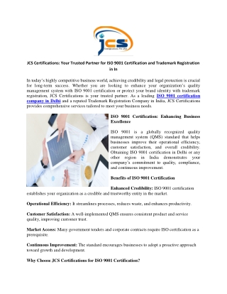 JCS Certifications Your Trusted Partner for ISO 9001 Certification and Trademark Registration in In