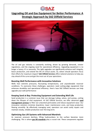 Upgrading Oil and Gas Equipment for Better Performance A Strategic Approach by SAZ Oilfield Services