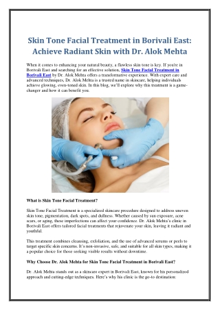 Skin Tone Facial Treatment in Borivali East: Achieve Radiant Skin with Dr. Alok