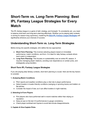 Short-Term vs. Long-Term Planning: Best IPL Fantasy League Strategies for Every