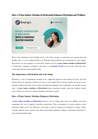 How a Water Ionizer Machine in Hyderabad Enhances Hydration and Wellness