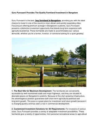 Guru Punvaanii Provides The Quality Farmland Investment in Bangalore