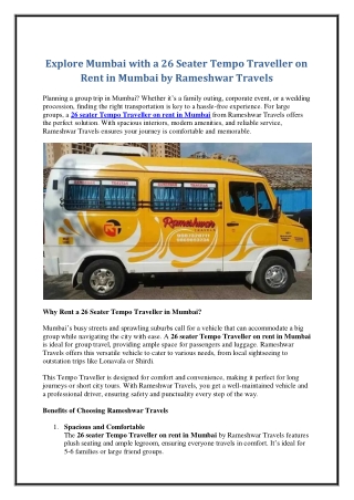 Explore Mumbai with a 26 Seater Tempo Traveller on Rent in Mumbai by Rameshwar