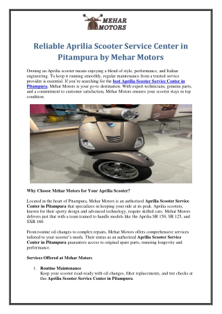 Reliable Aprilia Scooter Service Center in Pitampura by Mehar Motors