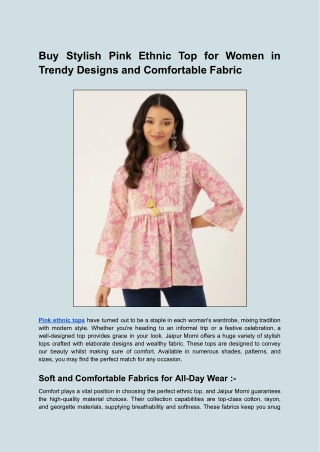 Buy Stylish Pink Ethnic Top for Women in Trendy Designs and Comfortable Fabric