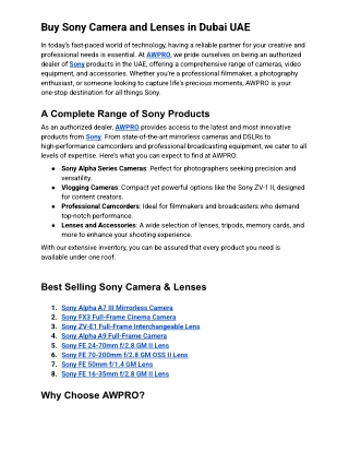 Buy Sony Camera and Lenses in Dubai UAE