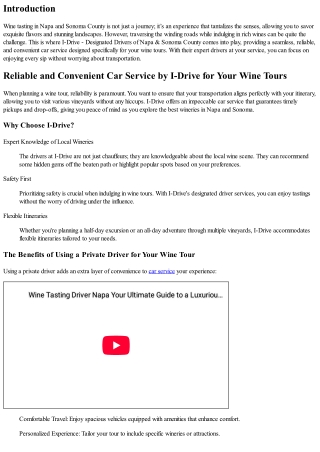Reliable and Convenient Car Service by I-Drive for Your Wine Tours