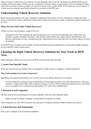 Choosing the Right Vehicle Recovery Solutions for Your Needs in DFW Area