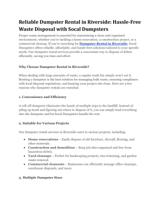 Reliable Dumpster Rental in Riverside: Hassle-Free Waste Disposal with Socal Dum