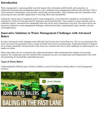 Innovative Solutions to Waste Management Challenges with Advanced Balers