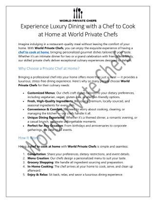 Chef to Cook at Home at World Private Chefs