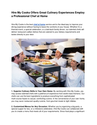 Hire My Cooks Offers Great Culinary Experiences Employ a Professional Chef at Home