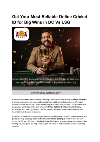 Get Your Most Reliable Online Cricket ID for Big Wins For DC Vs LSG