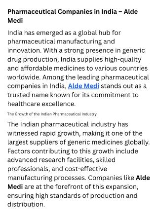 Pharmaceutical Companies in India – Alde Medi– AldeBazaar