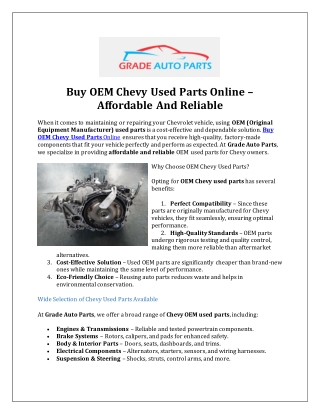 Buy OEM Chevy Used Parts Online – Affordable And Reliable