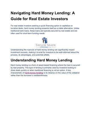 Navigating Hard Money Lending: A Guide for Real Estate Investors