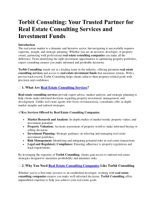 Real Estate Consulting Services and Investment Funds
