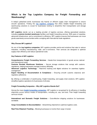 Which is the Top Logistics Company for Freight Forwarding and Warehousing?