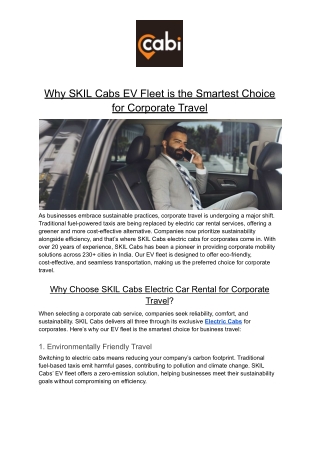 Why SKIL Cabs EV Fleet is the Smartest Choice for Corporate Travel