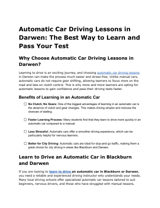 Automatic Car Driving Lessons in Darwen_ The Best Way to Learn and Pass Your Test