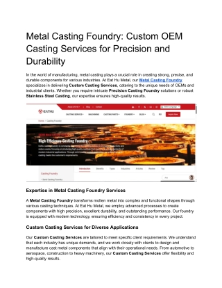 Metal Casting Foundry_ Custom OEM Casting Services for Precision and Durability