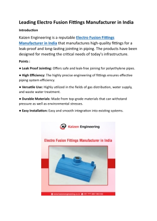 Leading Electro Fusion Fittings Manufacturer in India- Kaizen Engineering