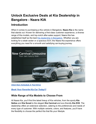 Unlock Exclusive Deals at  Kia Dealership in Bangalore - Naara KIA