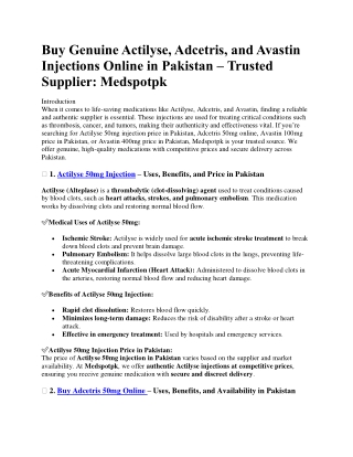 Actilyse, Adcetris, and Avastin Injections Online in Pakistan