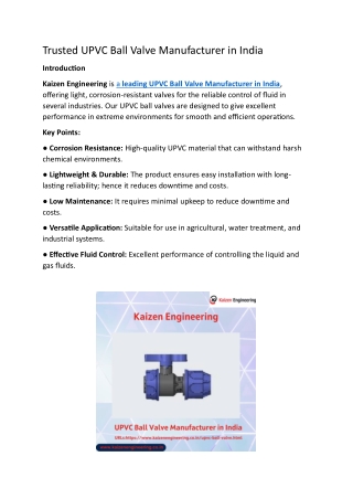 Trusted UPVC Ball Valve Manufacturer in India