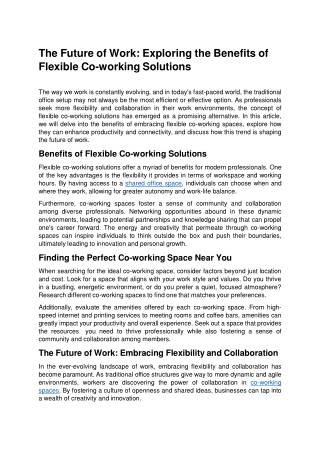 The Future of Work: Exploring the Benefits of Flexible Co-working Solutions