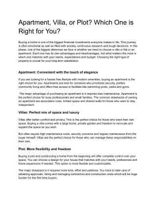 Apartment, Villa, or Plot: Which One is Right for You