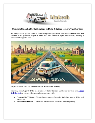 Comfortable and Affordable Jaipur to Delhi & Jaipur to Agra Taxi Services