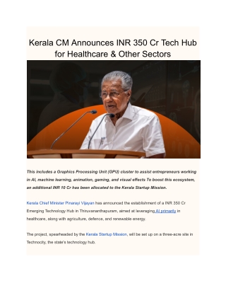Kerala CM Announces INR 350 Cr Tech Hub for Healthcare & Other Sectors