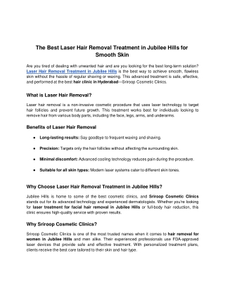 The Best Laser Hair Removal Treatment in Jubilee Hills for Smooth Skin