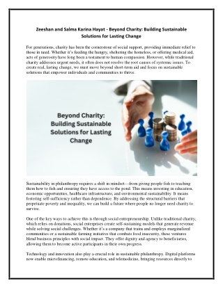 Zeeshan and Salma Karina Hayat - Beyond Charity - Building Sustainable Solutions for Lasting Change