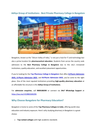 Best Private Pharmacy College in Bangalore  Aditya Group Of Institutions