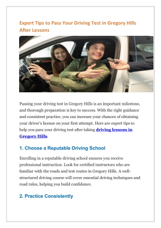 Expert Tips to Pass Your Driving Test in Gregory Hills After Lessons
