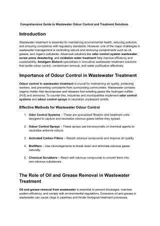 Comprehensive Guide to Wastewater Odour Control and Treatment Solutions