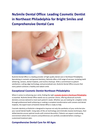 NuSmile Dental Office Leading Cosmetic Dentist in Northeast Philadelphia for Bright Smiles and Comprehensive Dental Care
