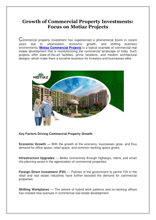 Growth of Commercial Property Investments, Focus on Motiaz Projects