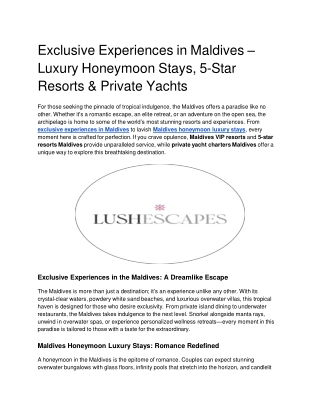 Exclusive Experiences in Maldives – Luxury Honeymoon Stays, 5-Star Resorts & Private Yachts