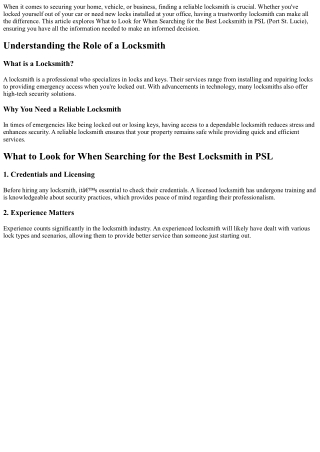 What to Look for When Searching for the Best Locksmith in PSL